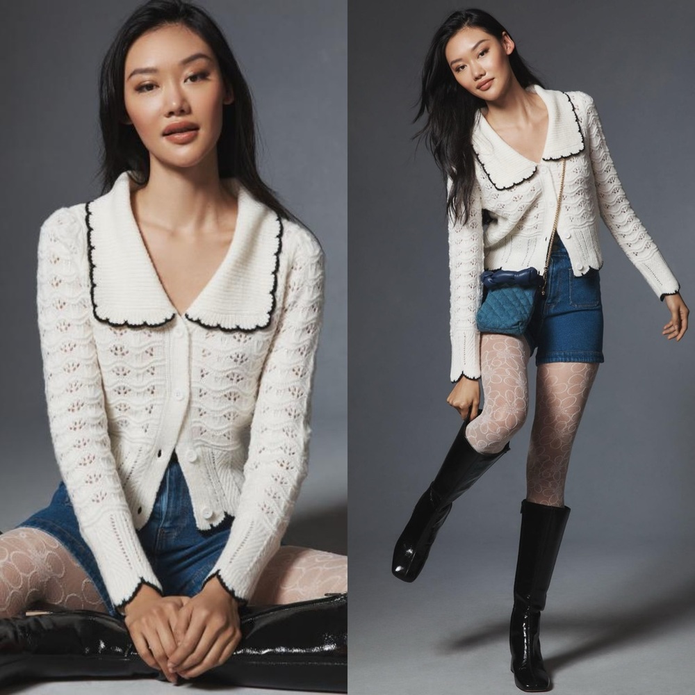 Anthropologie White Cardigan with Black Trim